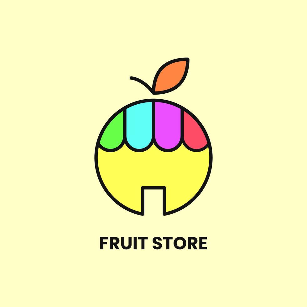 conceito de logotipo de loja de frutas. logotipo plano, contorno, simples e exclusivo. amarelo, verde, azul, roxo, vermelho e laranja. adequado para logotipo, ícone, símbolo e sinal. como loja online, logotipo de alimentos e frutas vetor