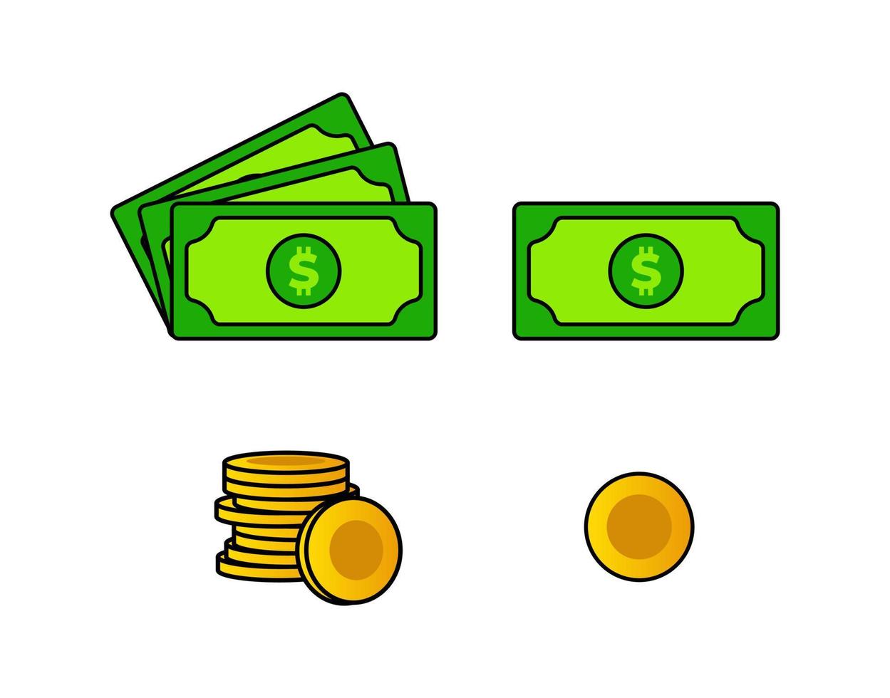 ilustração de cor simples com notas de dólar e moedas em fundo isolado vetor