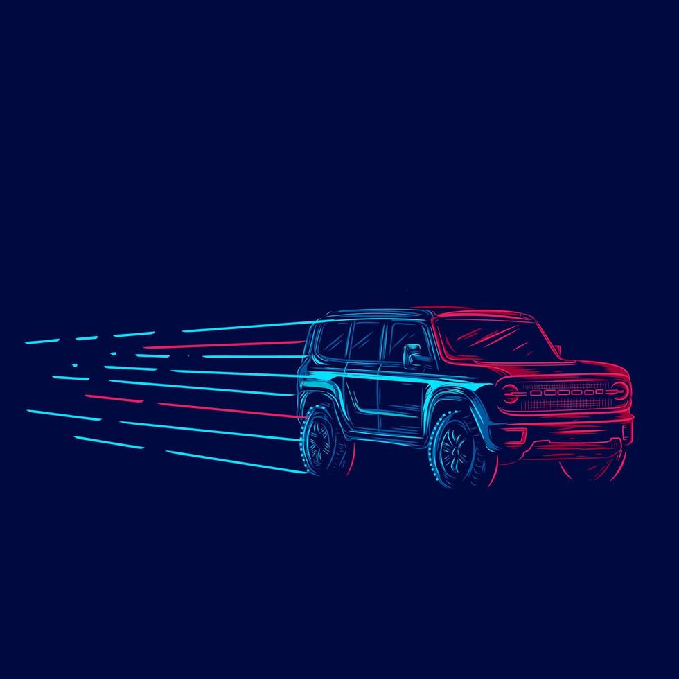 veículo suv carro esportivo linha automotiva pop art potrait logotipo design colorido com fundo escuro. ilustração em vetor abstrato.