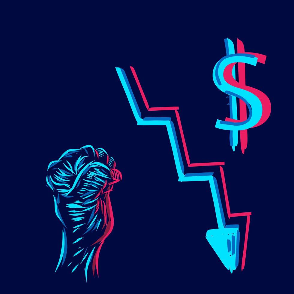 gráfico de dólar para baixo linha pop art potrait logotipo design colorido com fundo escuro. ilustração em vetor abstrato. fundo preto isolado para camiseta