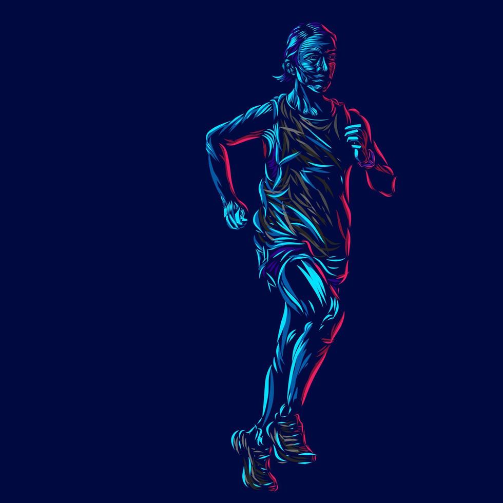 mulher correndo linha pop art retrato logotipo colorido design com fundo escuro. ilustração em vetor abstrato. fundo preto isolado para camiseta
