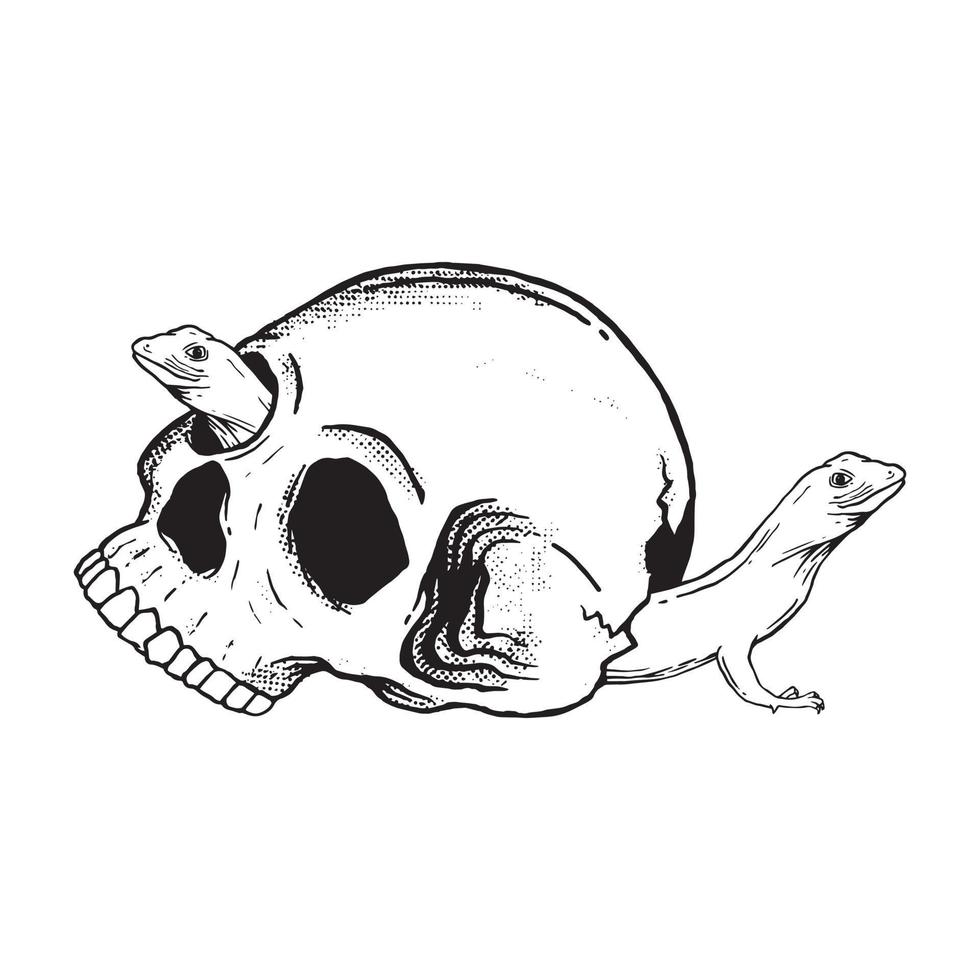 crânio desenhado à mão com ilustração de doodle de lagarto para cartaz de adesivos de tatuagem etc vetor