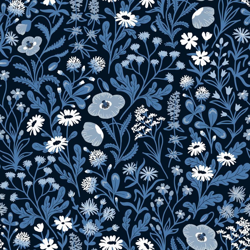 fundo sem costura vector azul escuro com uma variedade de flores silvestres