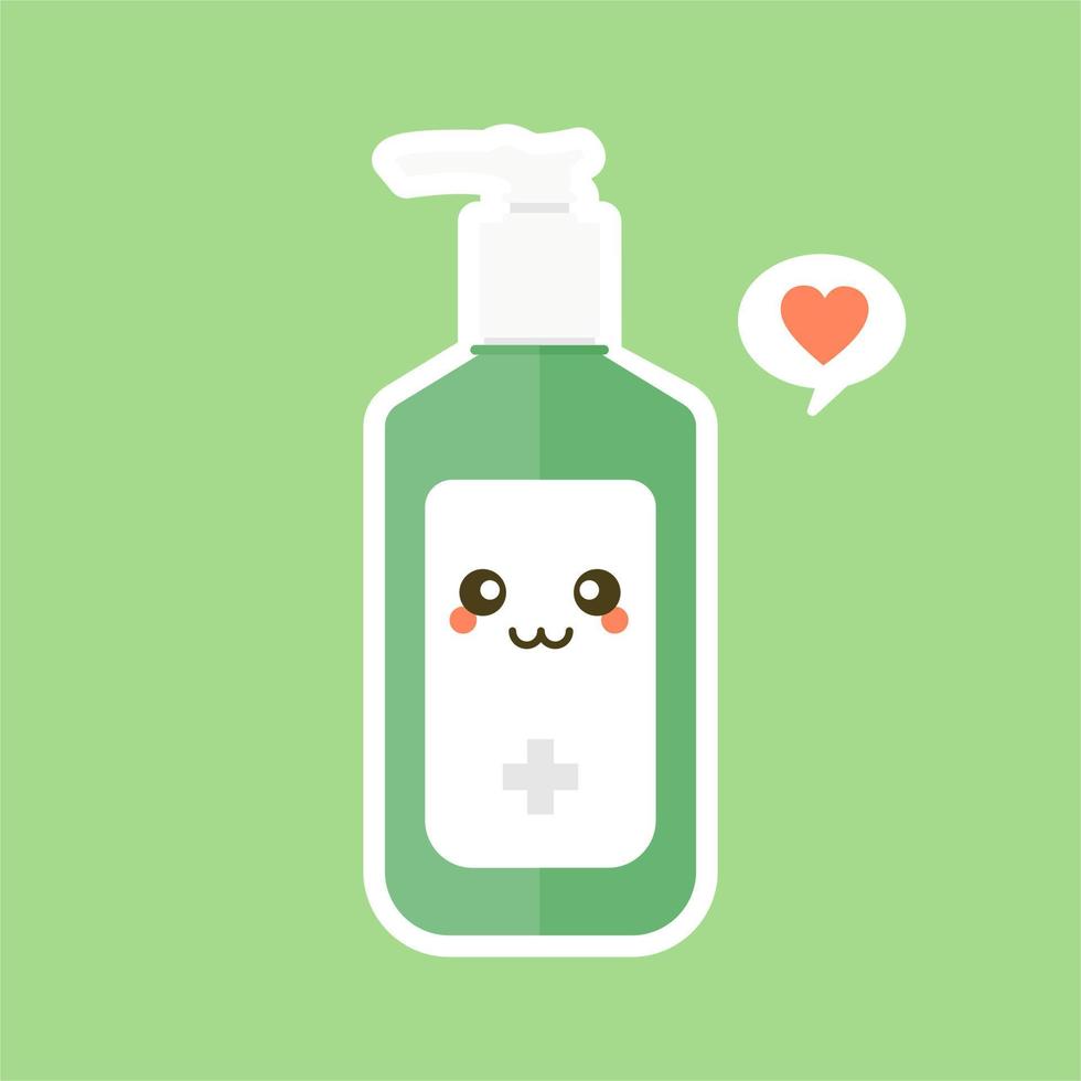 desinfecção fofa e kawaii ou e garrafa de desinfetante, gel de lavagem. ilustração vetorial adequada para higiene, desinfecção, vida médica, limpa, antivírus, bactérias, cuidados de saúde, propagação de doenças, germes vetor