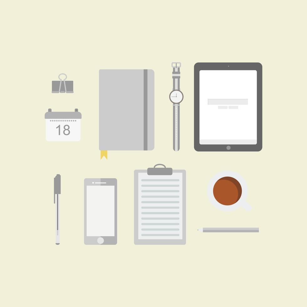 conjunto de ferramenta de trabalho e ilustração vetorial de design plano de gadget, vista superior do clipe de papel, calendário, caneta, smartphone, tablet, jornal, bloco de notas, café, relógio, tablet vetor