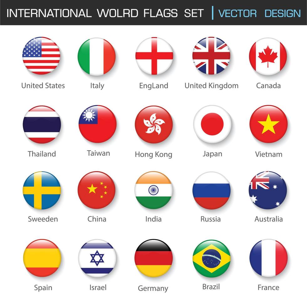 ícone de bandeira do mundo internacional definido em círculo, ilustração de elemento de design vetorial vetor