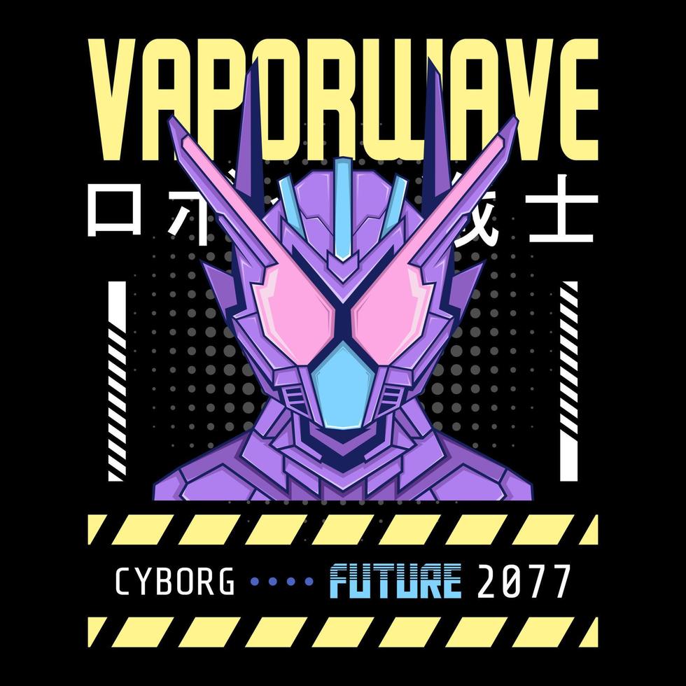 tema de vaporwave de robô mecha com letra japonesa, perfeito para mercadorias, moletom, camiseta, etc. vetor