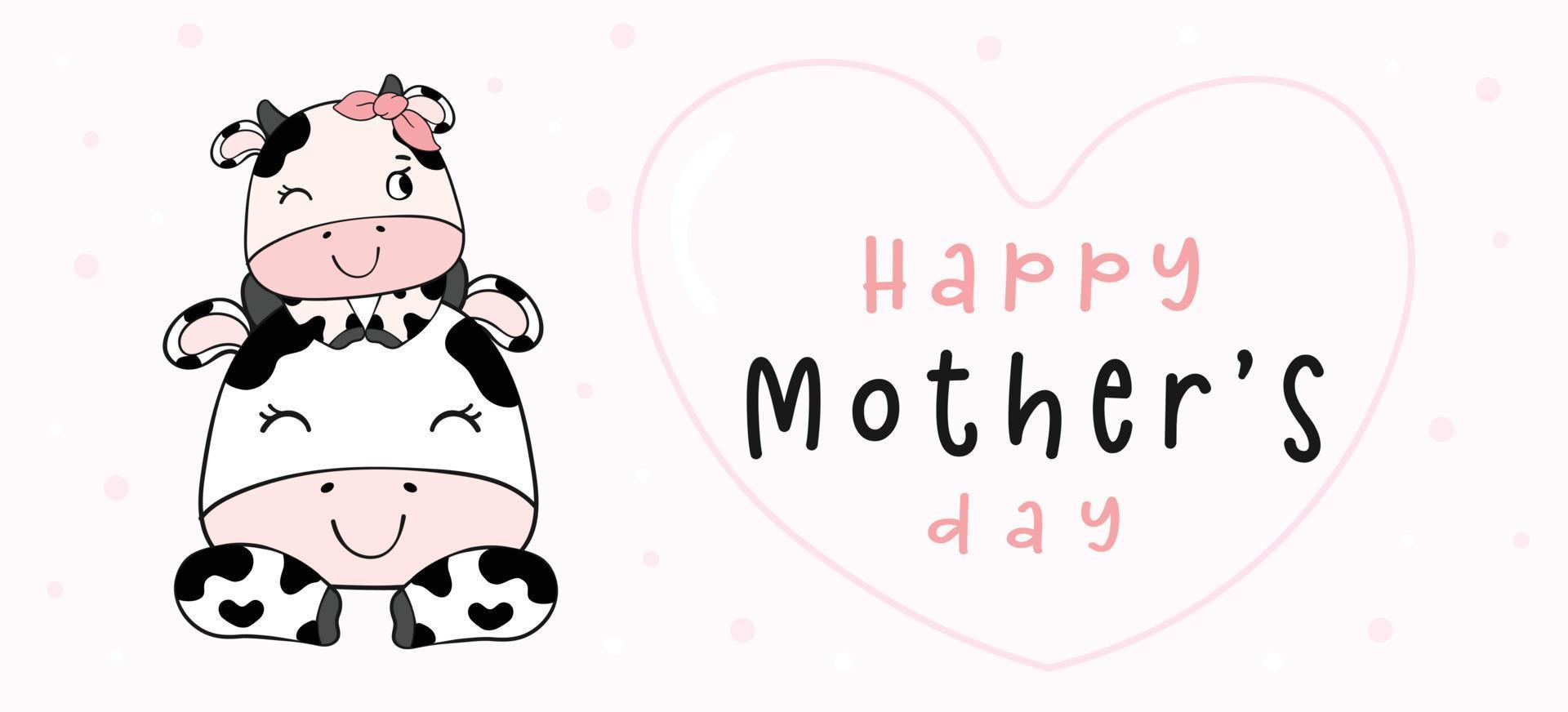 vetor de desenhos animados de animais de fazenda de dia das mães fofo, mãe vaca abraço bebê filha vaca doodle contorno banner