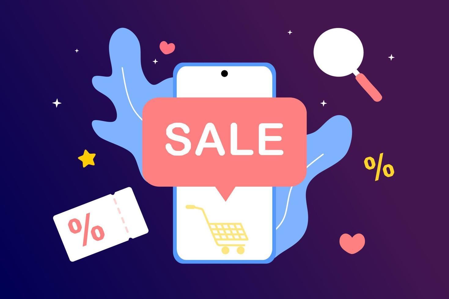 compras on-line no telefone móvel inteligente. grande venda, desconto especial, publicidade social. mobile e marketing digital. ilustração vetorial plana para elemento gráfico, sinal, símbolo. estilo minimalista. vetor