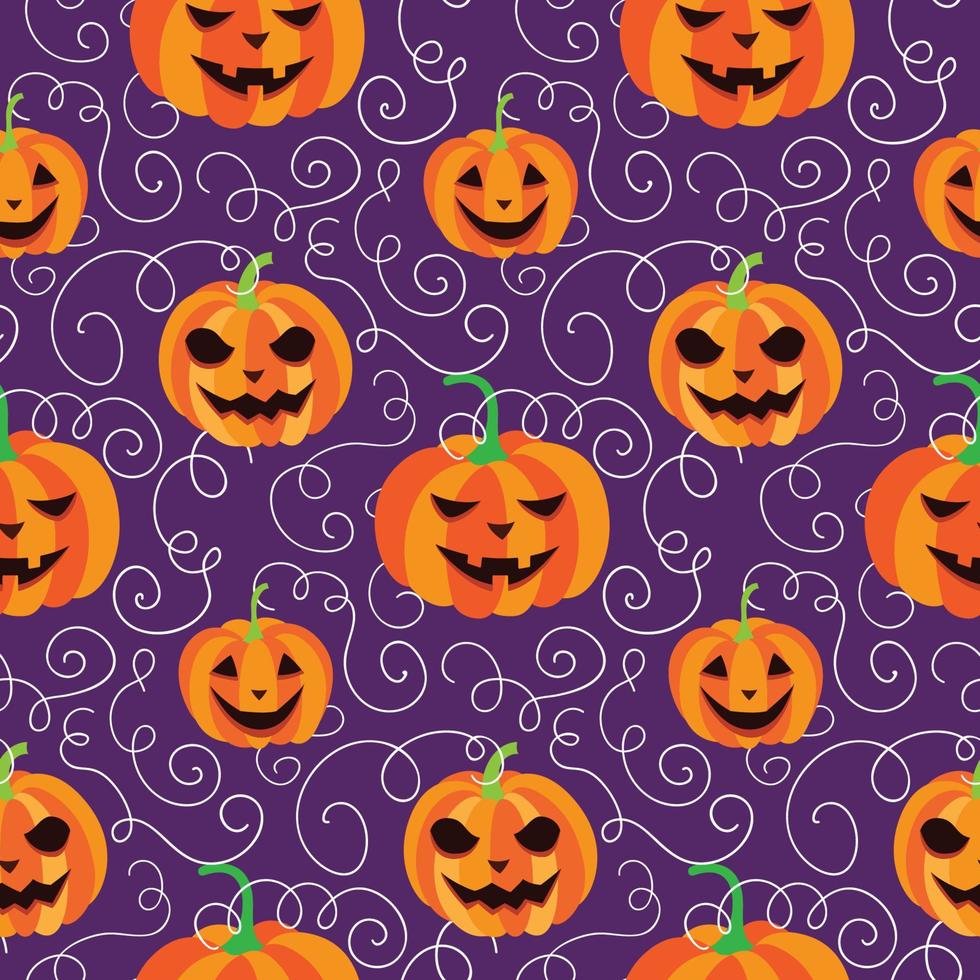 abóboras laranja brilhantes com fundo violeta. padrão sem emenda de halloween de vetor com rosto assustador de abóbora e sorriso. ilustração abstrata.