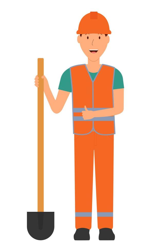 trabalhador da estrada com uma pá. uma pessoa envolvida em reparos de estradas. desenho animado. ilustração vetorial vetor