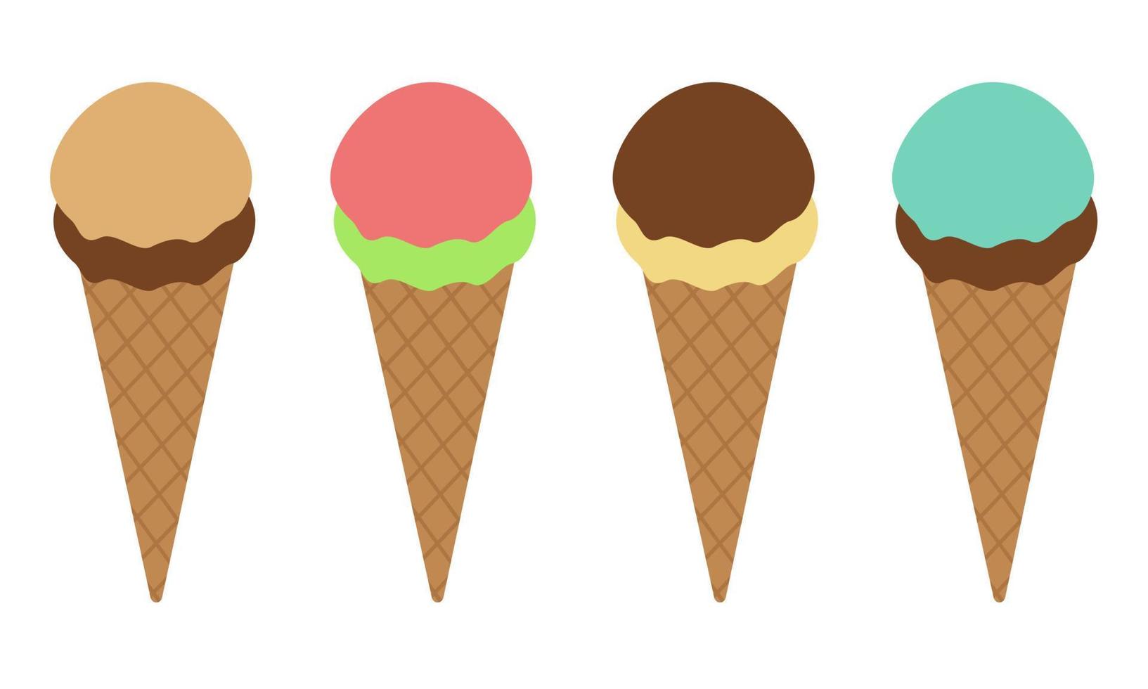 conjunto de quatro casquinhas de sorvete com sabores diferentes. plano. ilustração vetorial vetor
