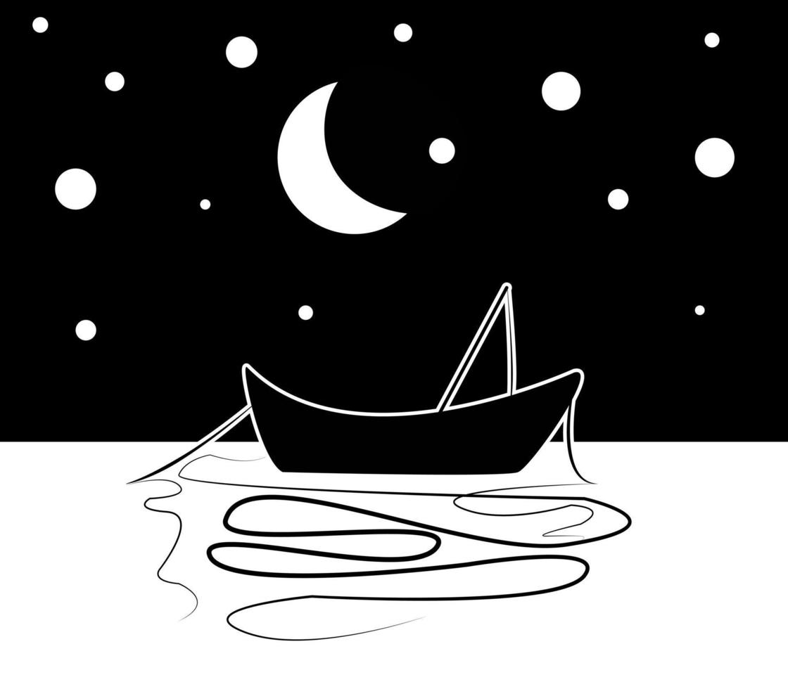 veleiro vetor mão desenhada esboço ilustração isolada. iate marítimo flutuando na superfície da água. céu noturno com estrelas e paisagem lunar. desenho doodle monocromático.