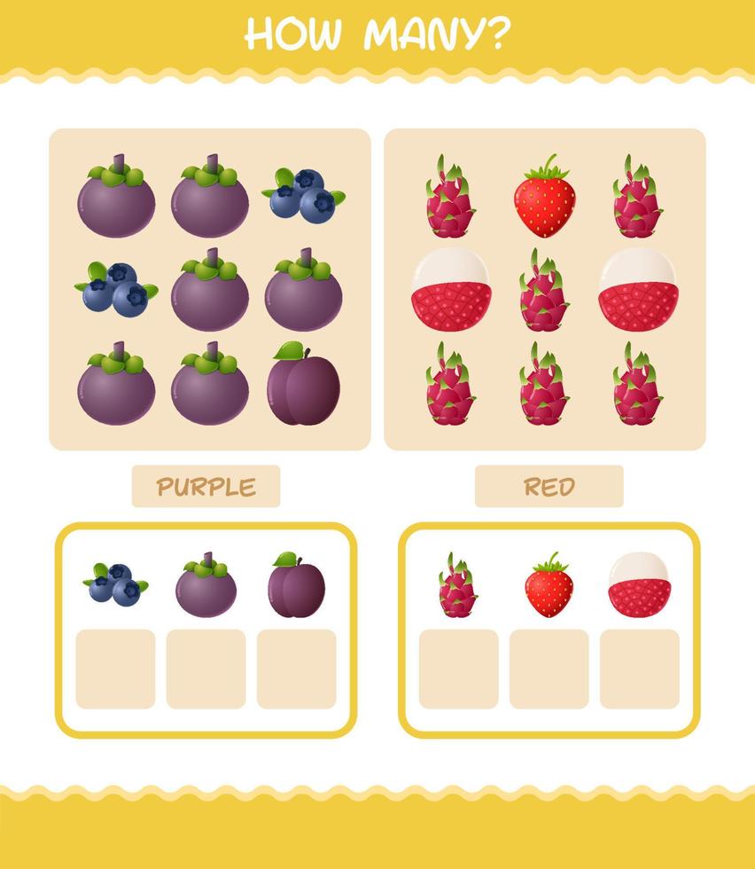 quantas frutas de desenho animado. jogo de contagem. jogo educativo para crianças e bebês da pré-escola vetor