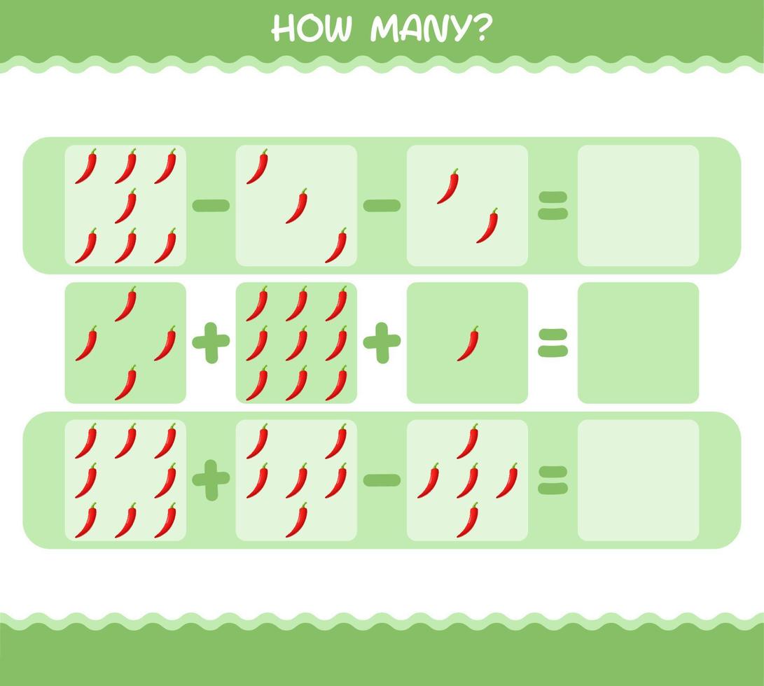 quantos desenhos animados de pimenta vermelha. jogo de contagem. jogo educativo para crianças e bebês da pré-escola vetor