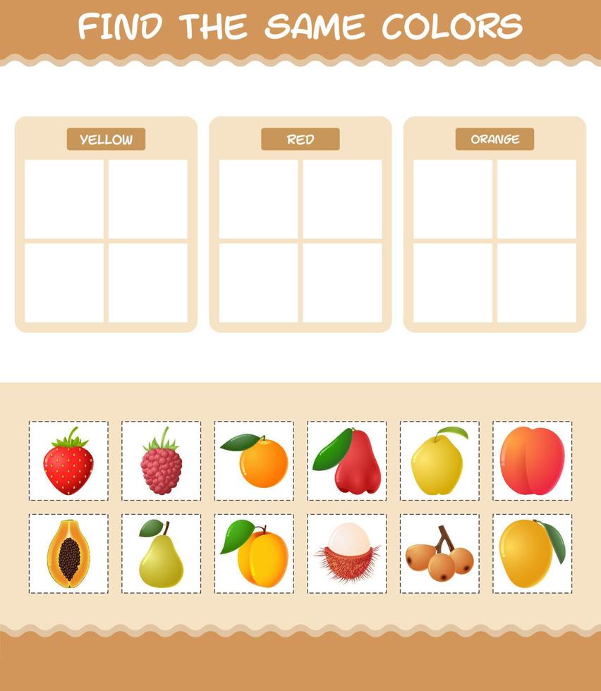 encontrar as mesmas cores de frutas. jogo de busca e correspondência. jogo educativo para crianças e bebês da pré-escola vetor