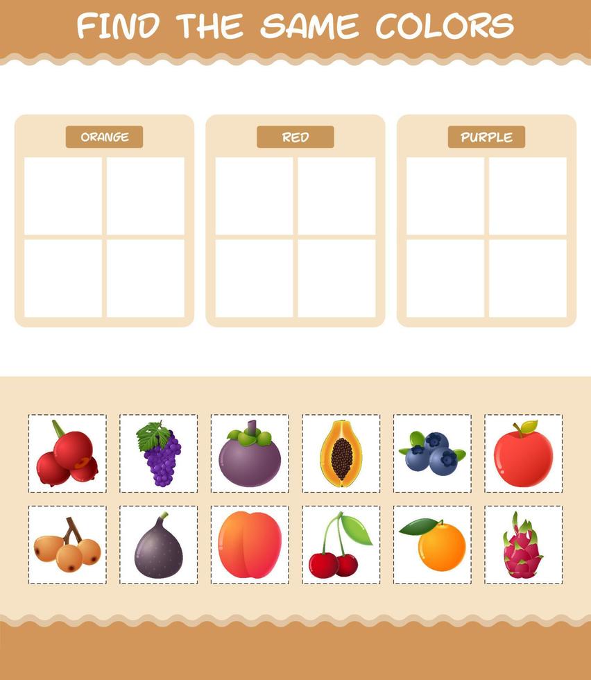 encontrar as mesmas cores de frutas. jogo de busca e correspondência. jogo educativo para crianças e bebês da pré-escola vetor