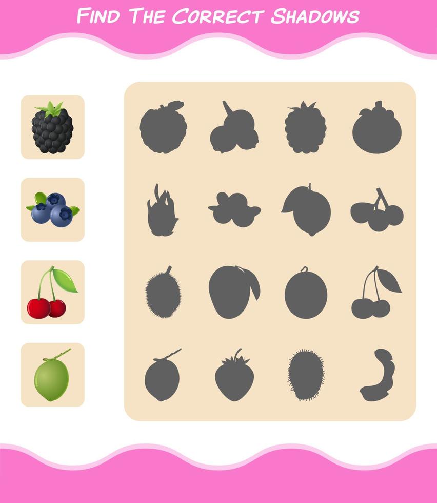 encontre as sombras corretas das frutas dos desenhos animados. jogo de busca e correspondência. jogo educativo para crianças e bebês da pré-escola vetor