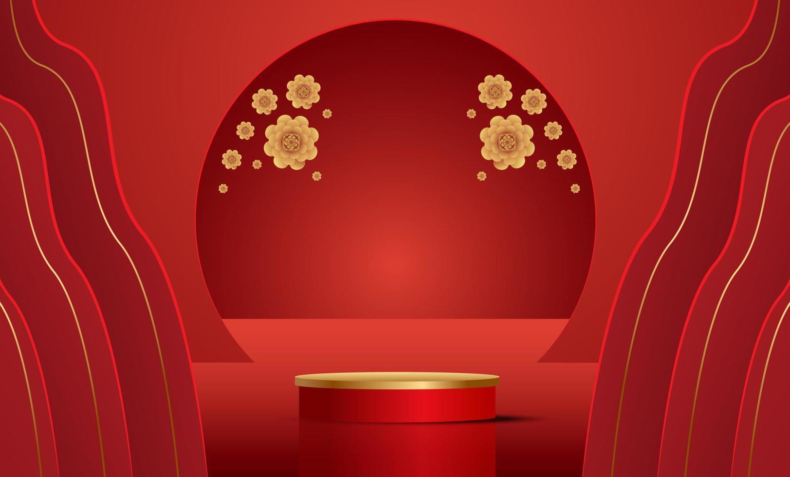 pódio e fundo para o ano novo chinês, festivais chineses, festival do meio do outono, flores e elementos asiáticos no fundo. vetor