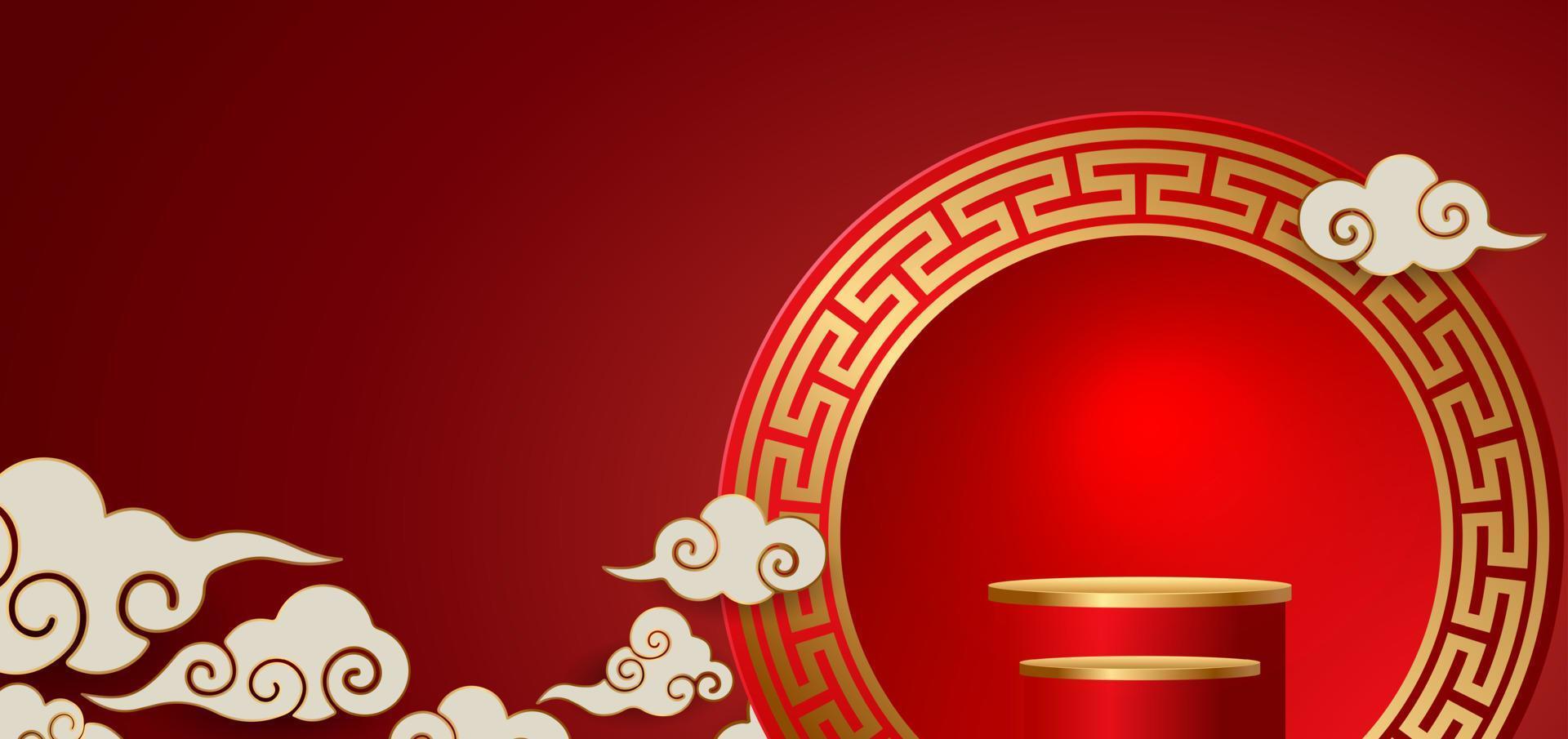 pódio e fundo para o ano novo chinês, festivais chineses, festival do meio do outono, flores e elementos asiáticos no fundo. vetor