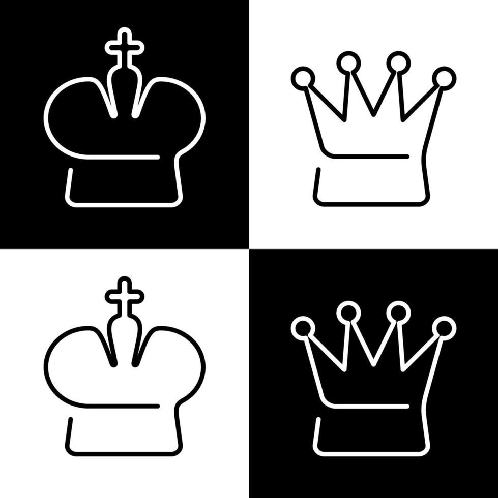 sinal da coroa do rei. vetor. ícones preto e branco e ícone de linha no tabuleiro de xadrez vetor