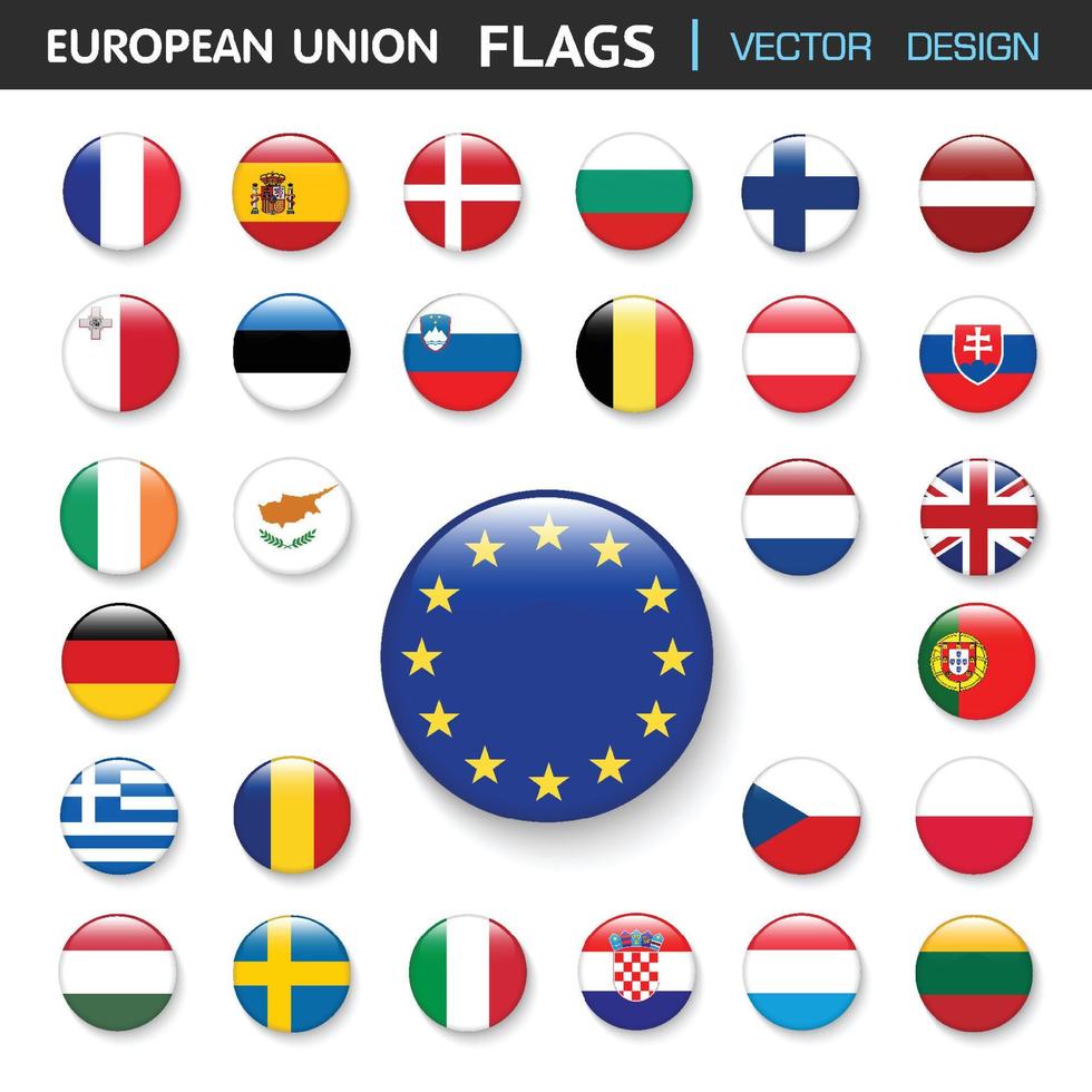 conjunto de bandeiras da união europeia e membros em botton stlye, ilustração de elemento de design vetorial vetor