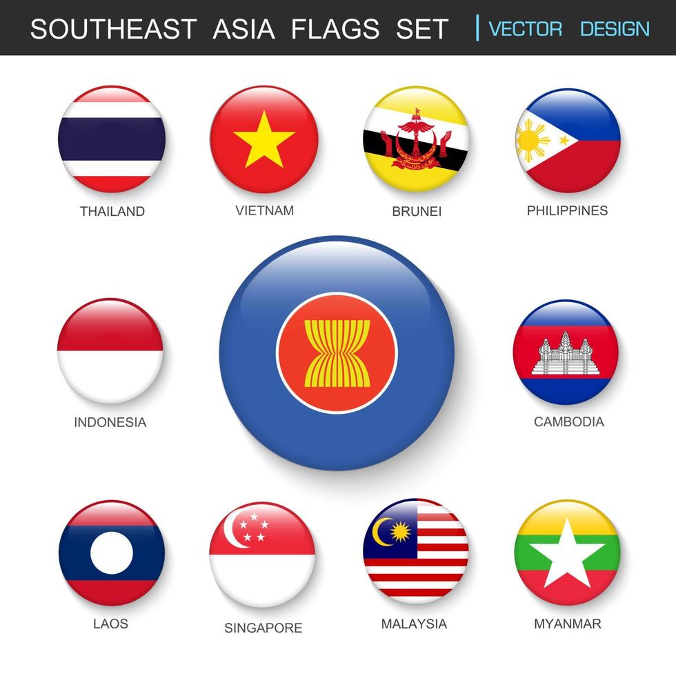 conjunto de bandeiras do sudeste da ásia e membros em botton stlye, ilustração de elemento de design vetorial vetor