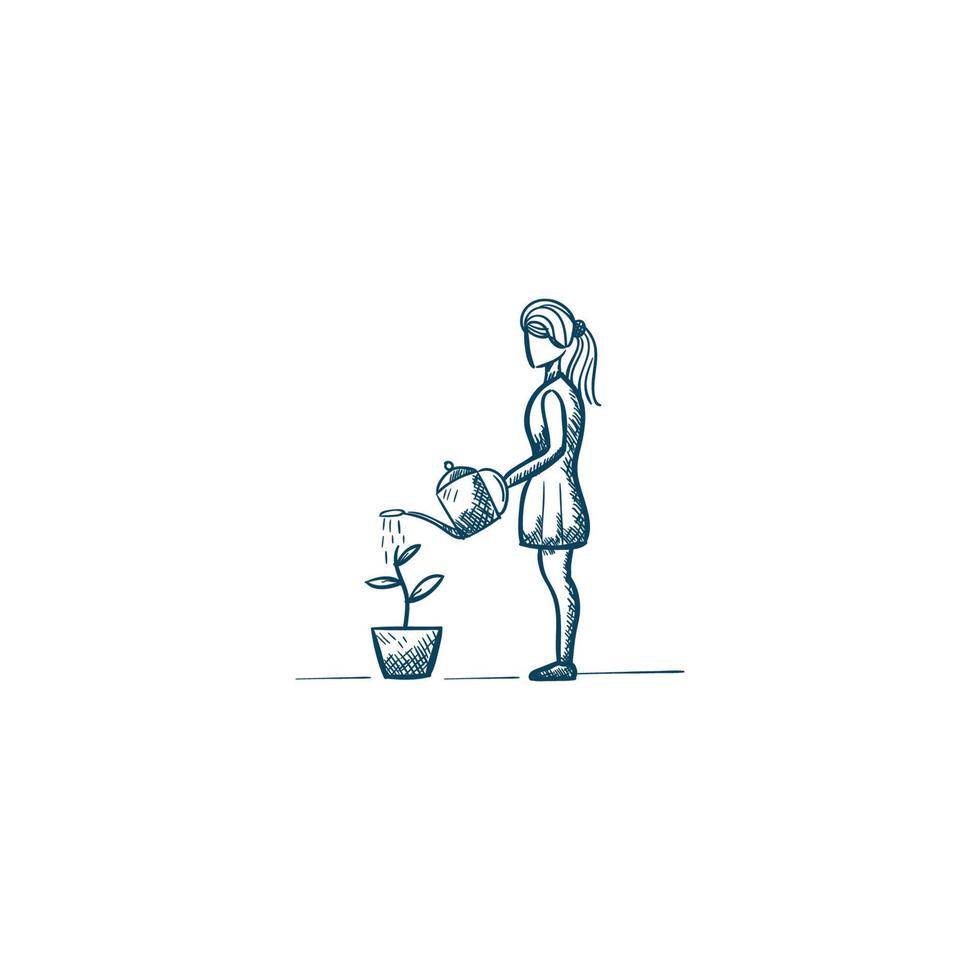 ilustração desenhada à mão de mulheres de negócios dão água ao crescimento das plantas vetor