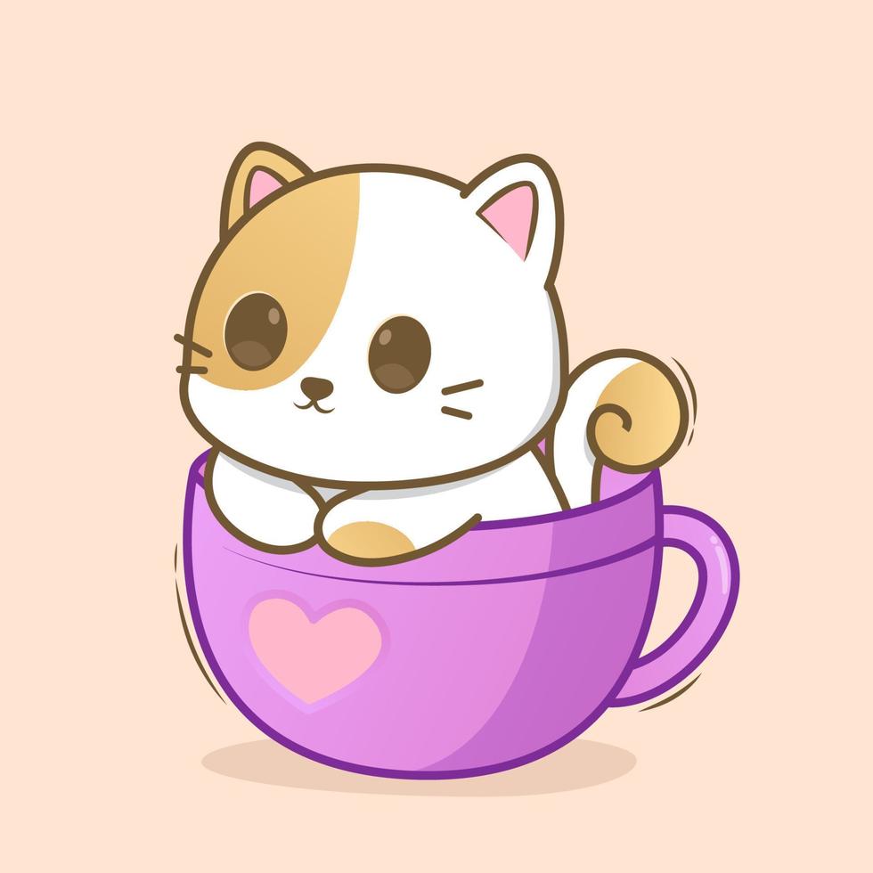 gato fofo dentro da xícara de café vetor