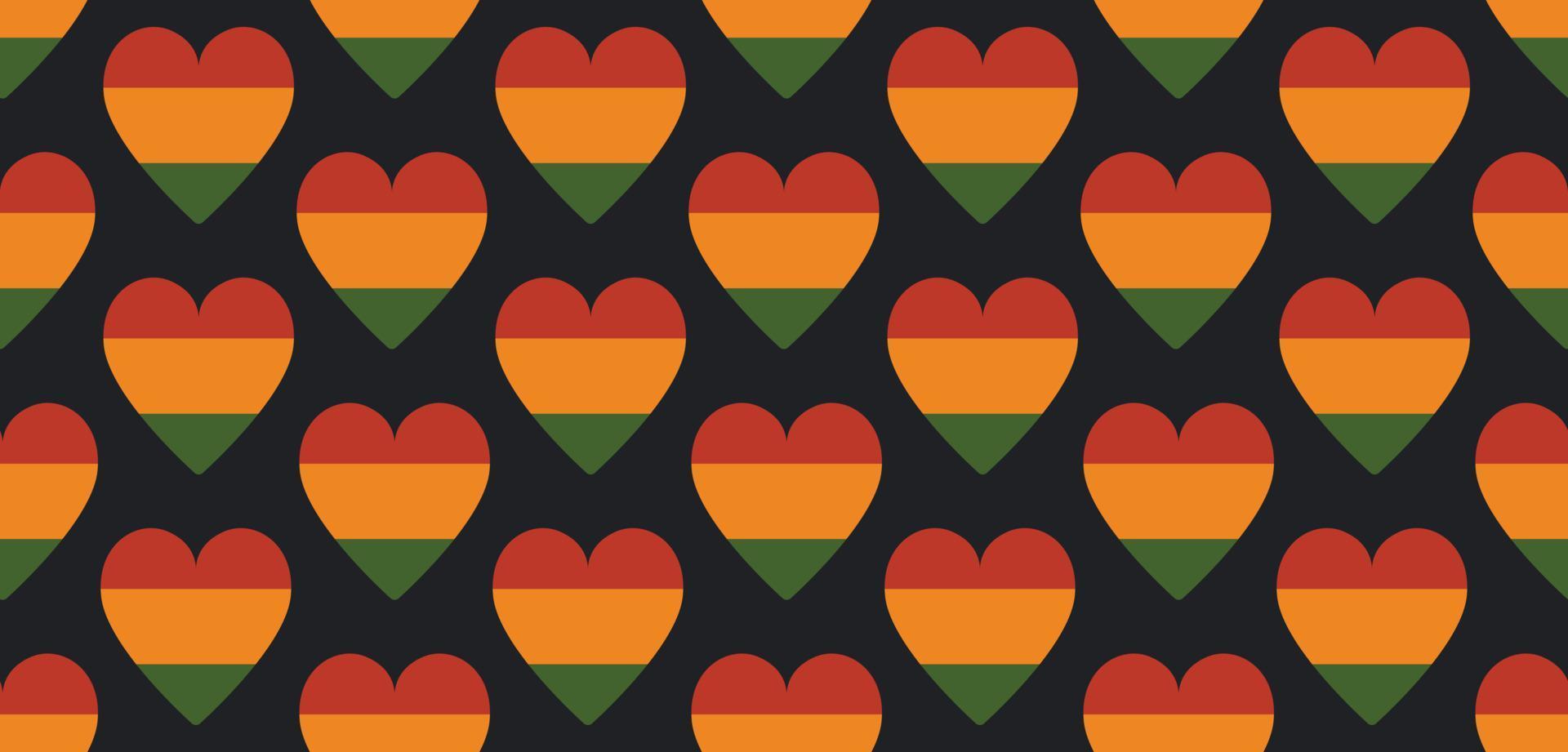 sem costura padrão com corações em cores tradicionais pan-africanas - fundo vermelho, amarelo, verde, preto. pano de fundo para kwanzaa, mês da história negra, dia do amor negro, cartão de juneteenth, banner. vetor