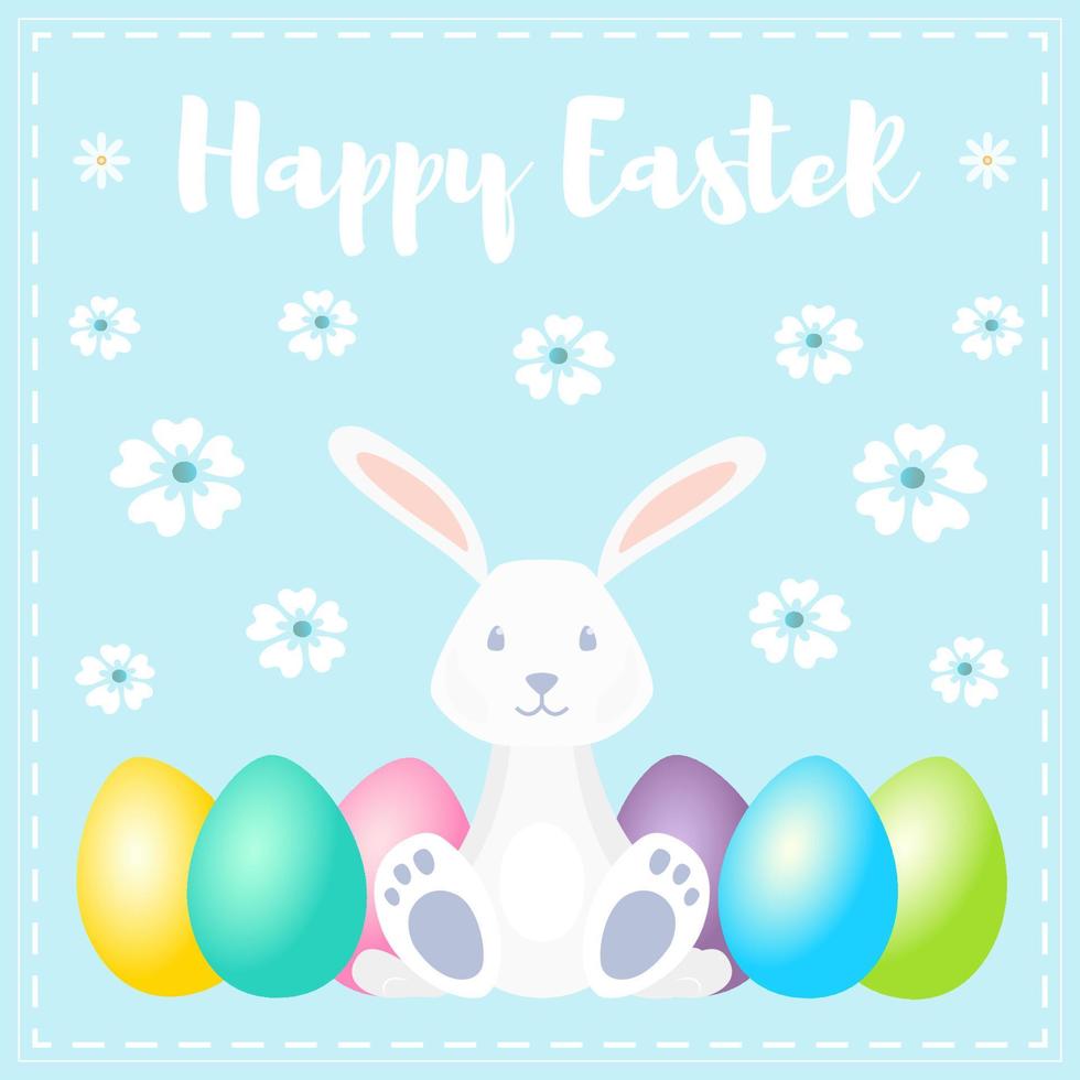 banner de feliz páscoa com coelho e ovos coloridos no fundo da primavera com flor vetor