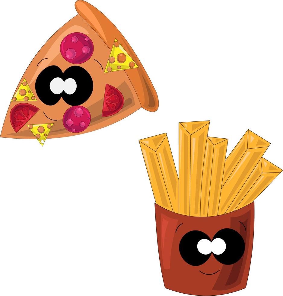 batatas fritas e pizza em estilo cartoon vetor