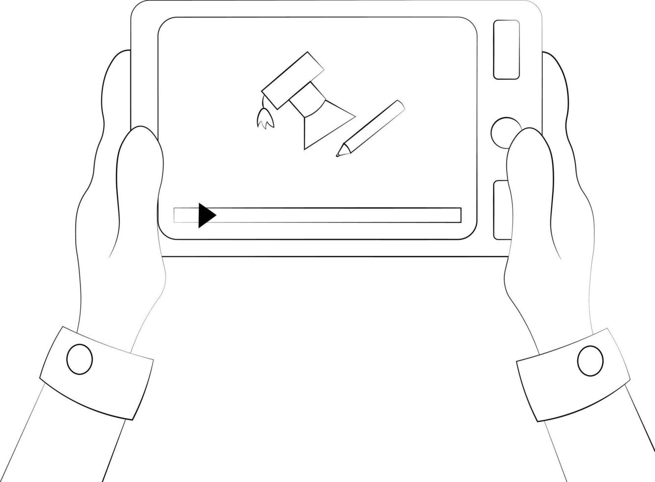 tablet com um vídeo de treinamento em suas mãos em preto e branco vetor