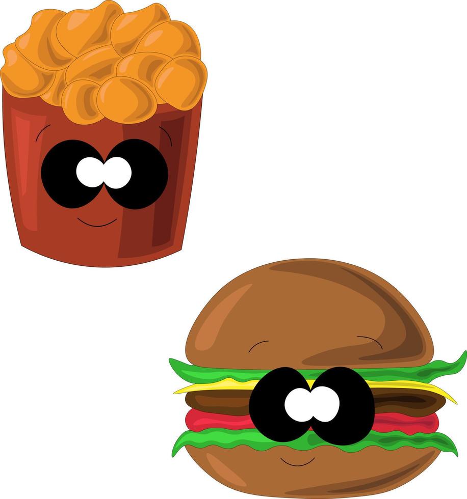 bonitos hambúrgueres e pepitas em estilo cartoon vetor