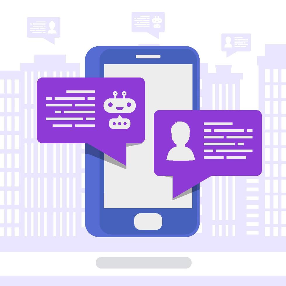 cor moderna de estilo isométrico de conceito de bot de bate-papo vetorial com celular no fundo da cidade vetor
