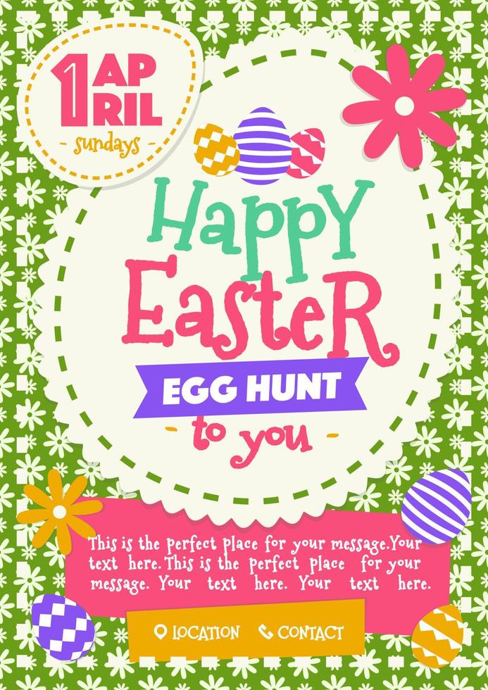 cartaz de festa de páscoa com desejo - feliz caça ao ovo do dia de páscoa e estilo colorido de ovos vetor