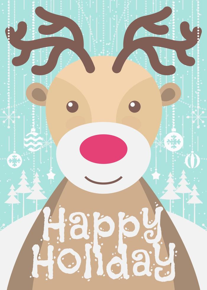 cartão de natal com veados bonitos e assinar feliz feriado no fundo verde do feriado vetor