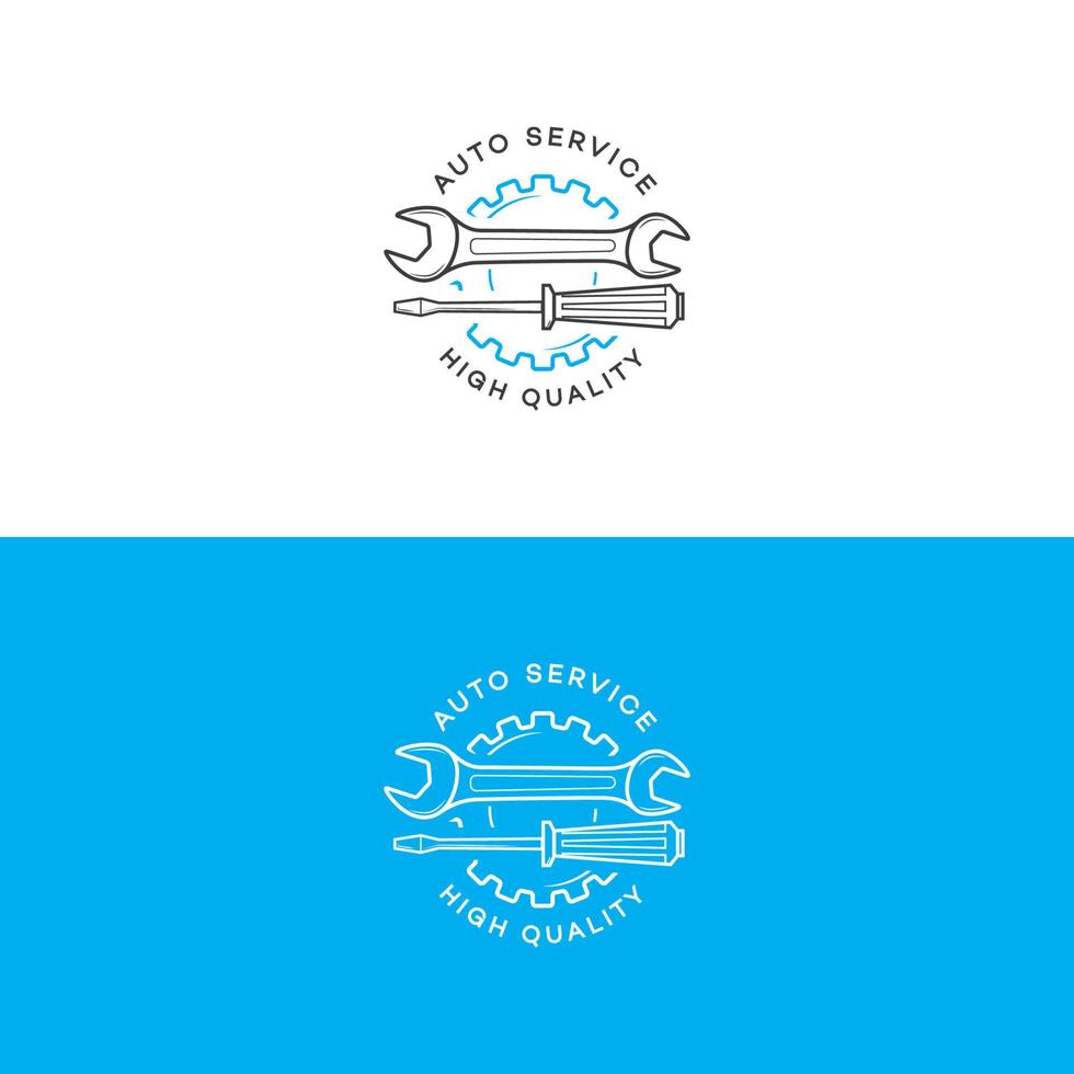 conjunto de logotipo de serviço automático com engrenagem, chave inglesa, estilo de linha de chave de fenda vetor