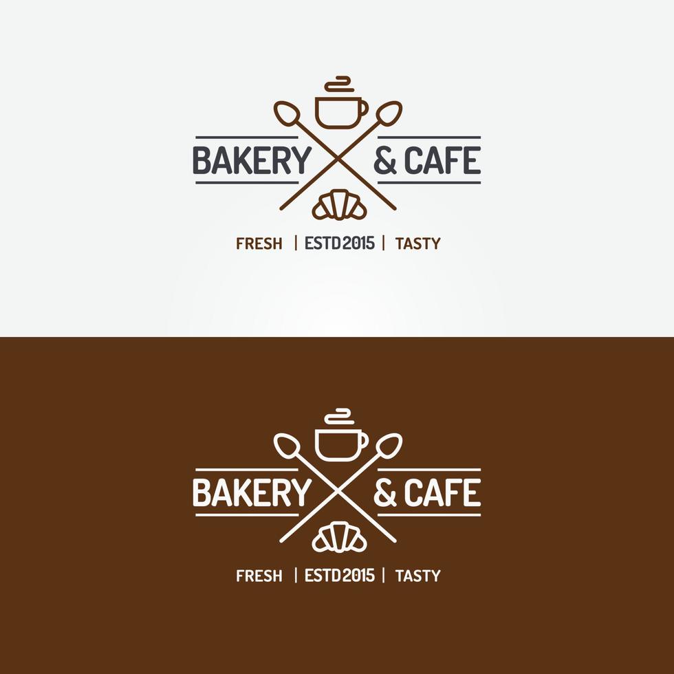 logotipo de padaria e café com croissant, xícara de chá e colheres para café, empresa de cupcake vetor