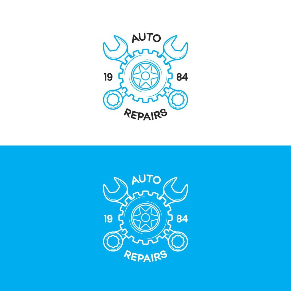 logotipo de reparos automotivos definido com estilo de linha de engrenagem e chave inglesa para oficina de serviços automotivos, conserto de carros vetor