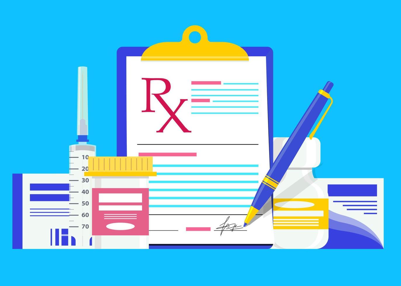 rx prescrição médica com comprimidos de terapia de garrafas vetor