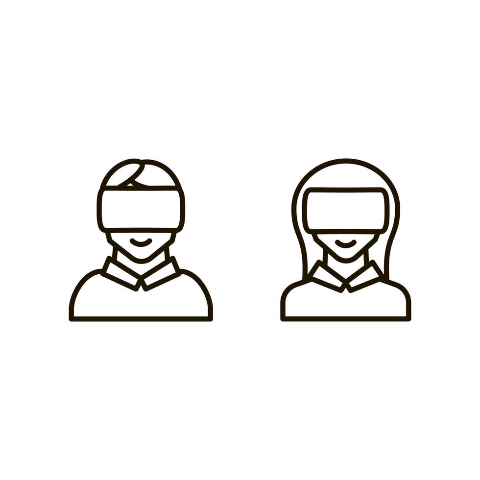 conjunto de ícones menino e menina com estilo de linha fina de capacete de realidade virtual isolado no fundo branco. ilustração vetorial vetor