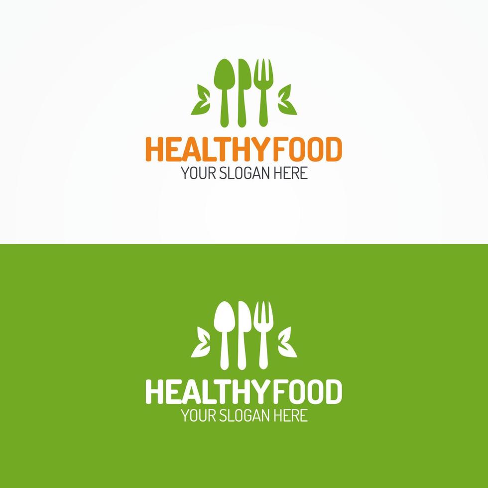 conjunto de logotipo de comida saudável consistindo em silhueta de colher, faca, garfo e folhas vetor
