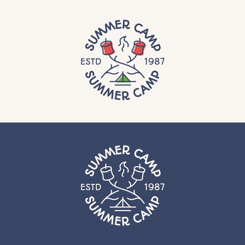 conjunto de logotipo de acampamento de verão composto por tenda, fogo e doce para distintivo de viagem, símbolo turístico vetor