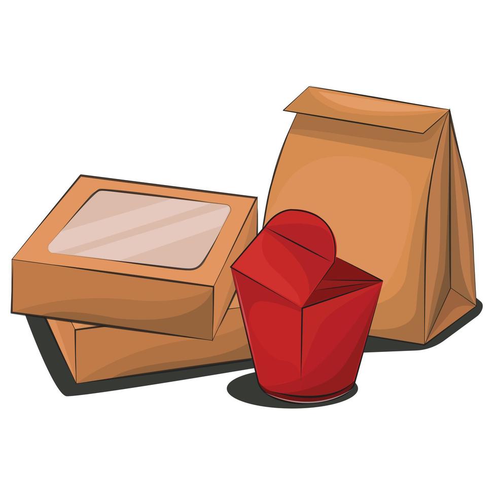 comida pronta para ir em pacote de papelão refeição ecológica entrega amostra de entrega vermelha pacote de caixa de produto isolado em estoque branco ilustração 2d plana vetor
