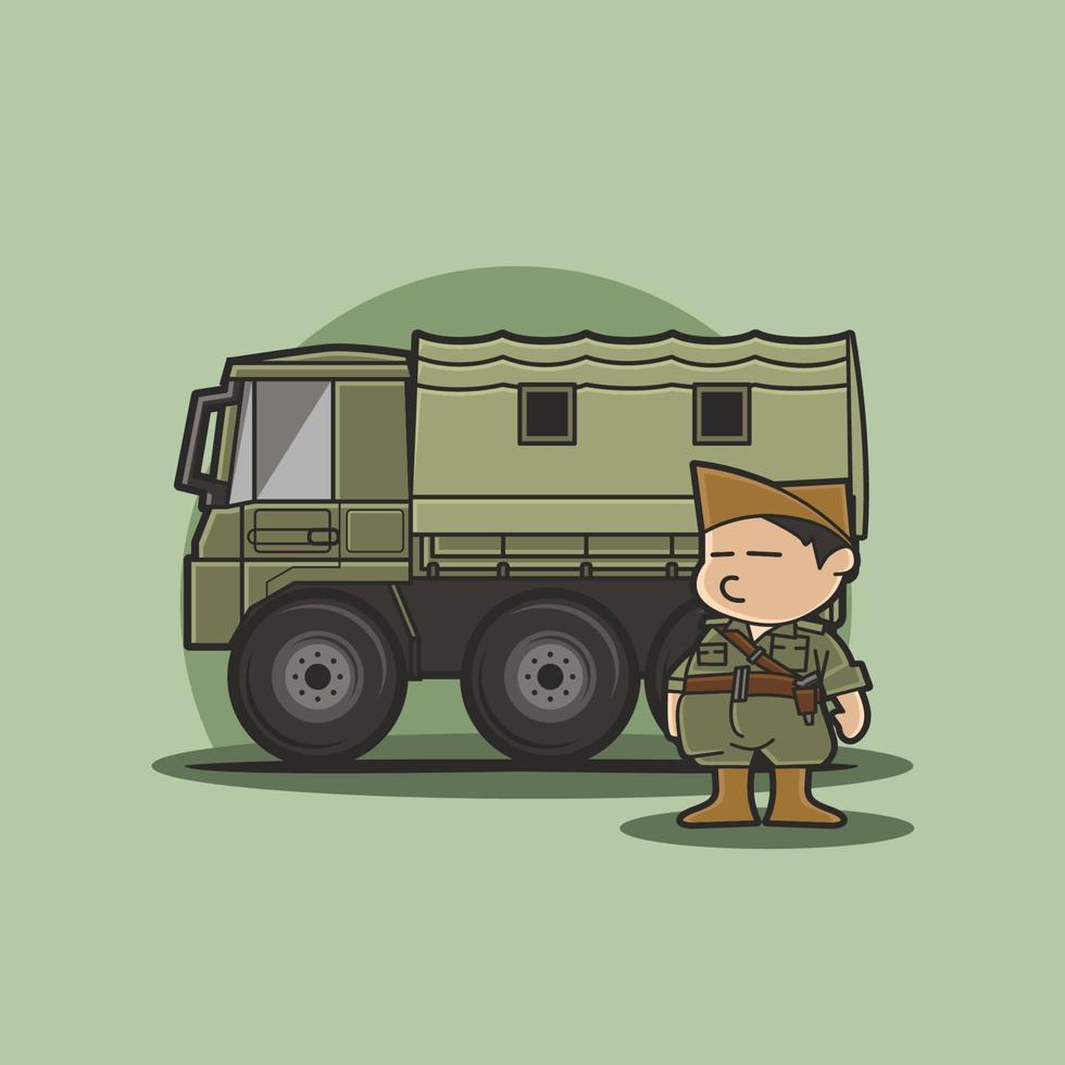 caminhão de veículo militar fofo icônico com soldado vetor