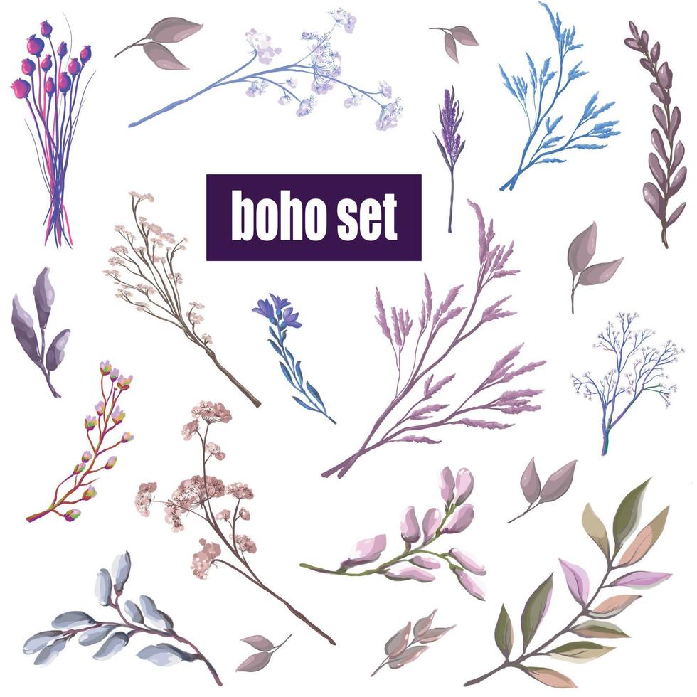 galhos secos florescendo, folhas e ervas no estilo boho, ilustração vetorial vetor