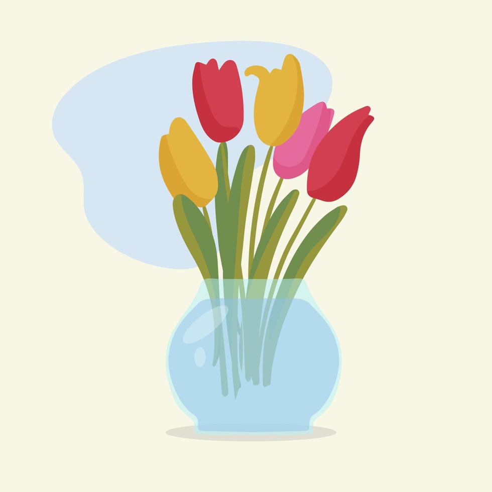um cartão. buquê de tulipas vermelhas com folhas em um vaso de vidro redondo vetor