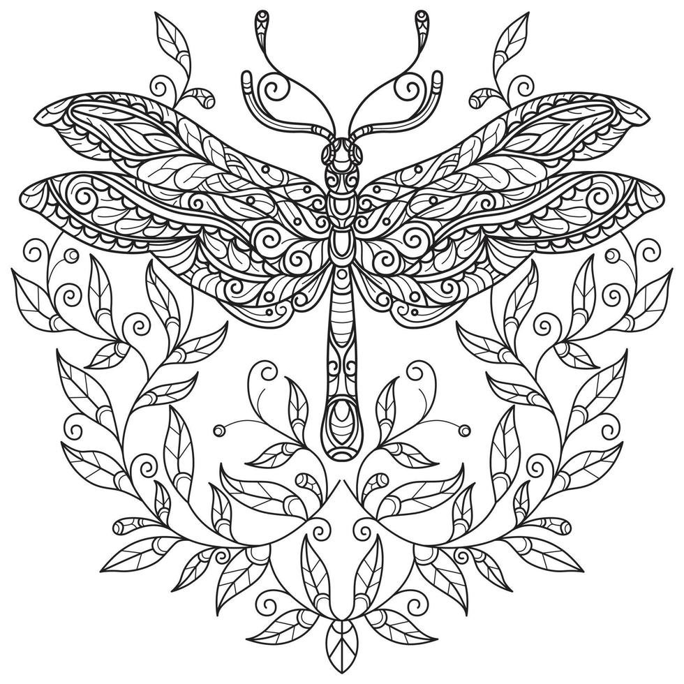 libélula e folha desenhada à mão para livro de colorir adulto vetor