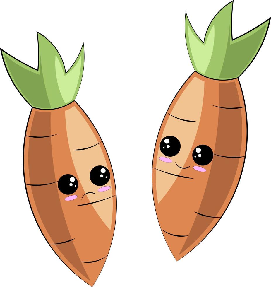 bonito desenho animado cenoura feliz e triste na cor vetor